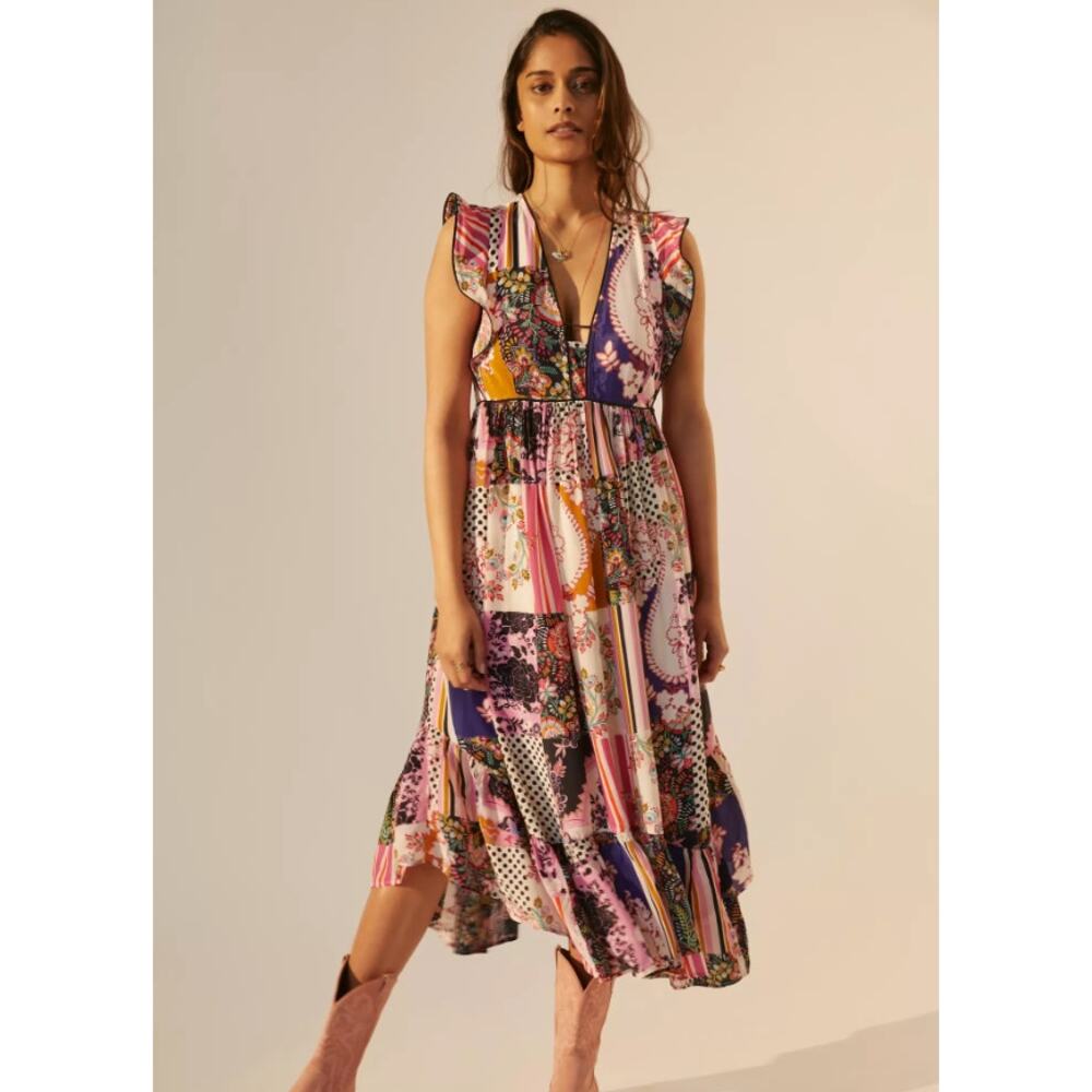 Anthropologie Ruffle Patchwork Midi Dress size 8